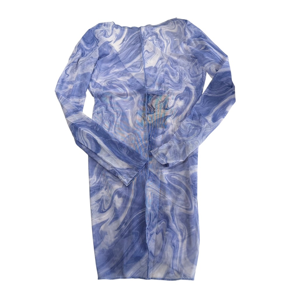NAKED WARDROBE Swim Cover Up Blue Marble Mesh Sheer Dress Women's Size Large NWT
